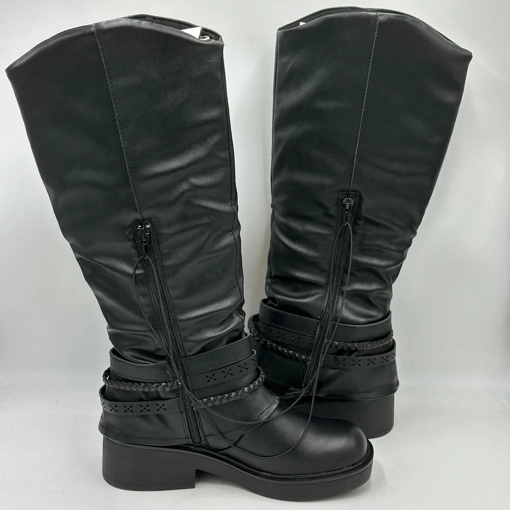 NIB Pop Freeway Black Faux Leather Tall Riding Biker Moto Boots Western Womens 6
